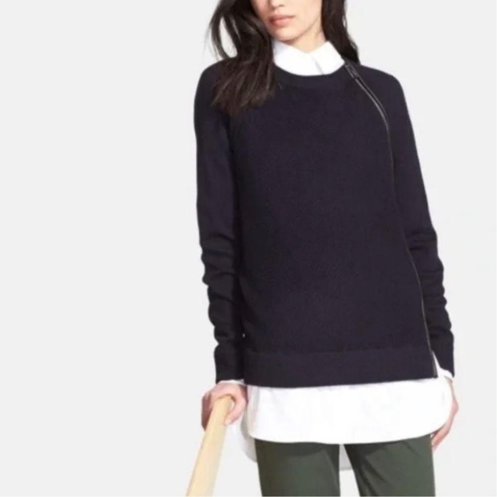 Vince Crewneck Leather Trimmed Zipper Sweater - Pilling - Small